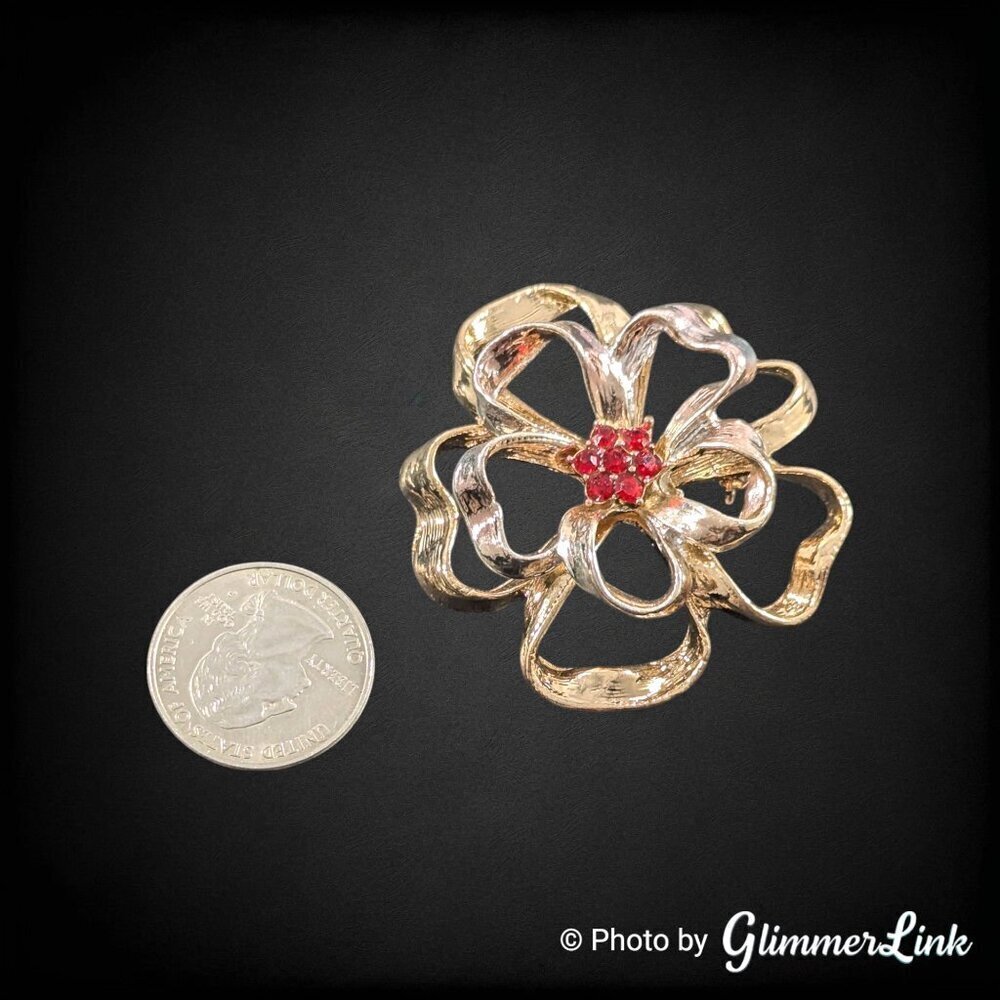 Two-Tone Festive Ribbon Flower Brooch – Red Rhinestones - Picture 4 of 6
